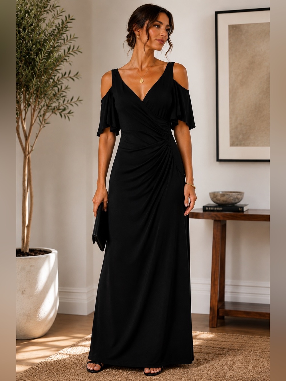 Lauren Ralph Lauren Black Cold Shoulder Ruched V-Neck Slinky Maxi Evening Dress